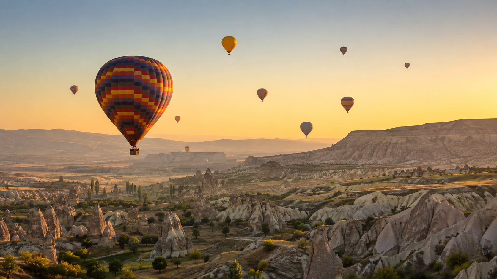 Hot air balloons flying over a valley