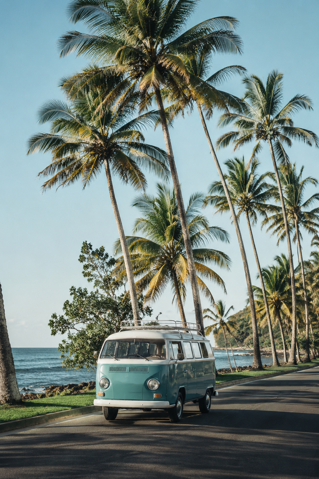 Van travelling along a tropical beach